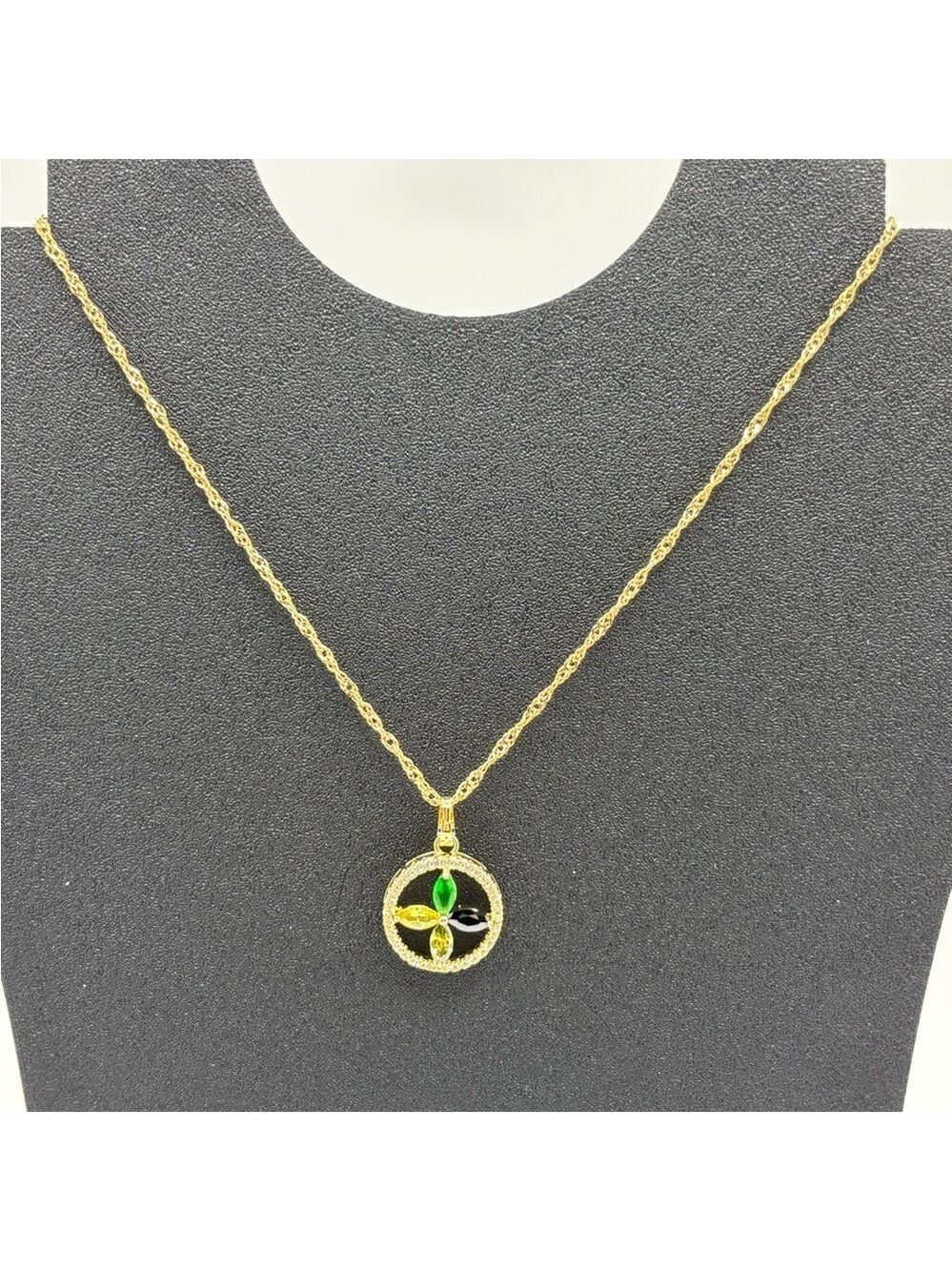 Gold Pendant Necklace with Green and Black Accents